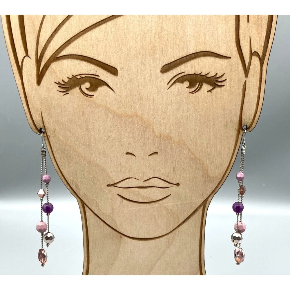 Shades of Pink Shoulder Duster Earrings, Faceted Crystal Beads on Silver Tone